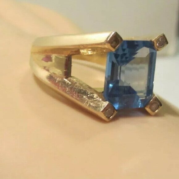 Blue Topaz & Diamond Ring 14K Custom Design Vintage - Picture 4 of 9